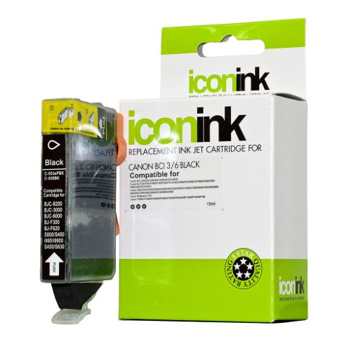 Icon Compatible Canon BCI3 Black Ink Cartridge designed for high-quality prints and compatible with various Canon inkjet models.