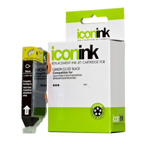 Icon Compatible Canon CLI521 Black Ink Cartridge for vibrant prints and easy installation, yields up to 550 pages.