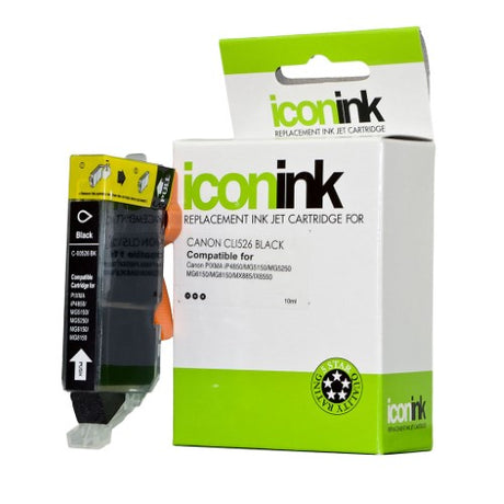 Icon Compatible Canon CLI526 Black Ink Cartridge for high-quality prints, compatible with various Canon printers, prints up to 550 pages.