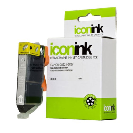 Icon Compatible Canon CLI526 Grey Ink Cartridge for sharp, vibrant prints; prints up to 550 pages; easy installation.