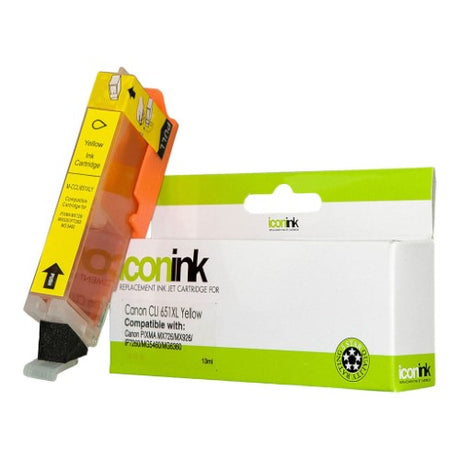Icon Compatible Canon CLI651XL Yellow Ink Cartridge for vibrant prints, compatible with Canon PIXMA printers, yields 695 pages.