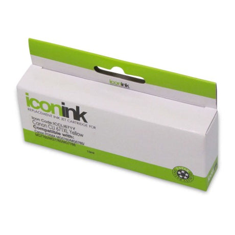 Icon Compatible Canon CLI671XL Yellow Ink Cartridge for vibrant prints, yields up to 715 pages, compatible with select PIXMA models.