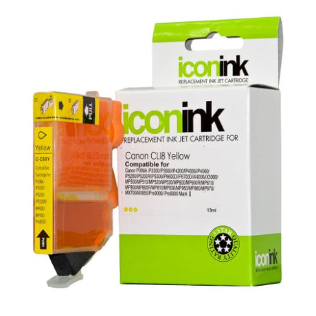 Icon Compatible Canon CLI8 Yellow Ink Cartridge for vibrant color printing, yields up to 450 pages, easy to install.