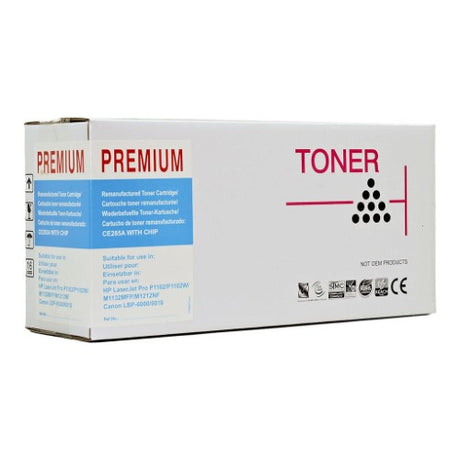 Remanufactured black toner cartridge for HP printers, yielding up to 1600 pages with sharp, clear print quality.