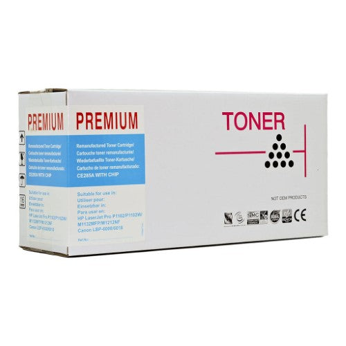 Remanufactured black toner cartridge for HP printers, yielding up to 1600 pages with sharp, clear print quality.