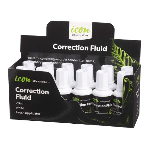 Icon Correction Fluid pack of 12, 20ml each, white, for covering printing and handwritten errors easily.