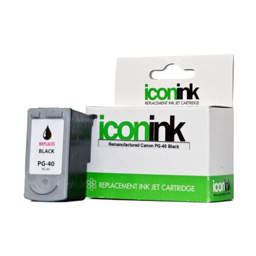 Icon Remanufactured Canon PG40 Black Ink Cartridge for high-quality printing, compatible with various Canon models, yields 329 pages.