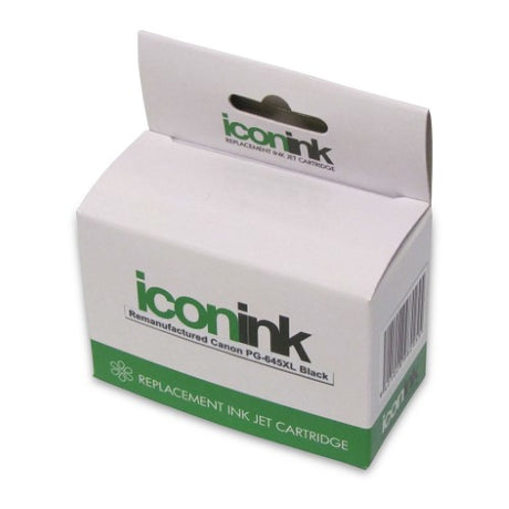 Icon Remanufactured Canon PG645 XL Ink Cartridge, high-capacity black ink, yields up to 400 pages, compatible with various PIXMA models.