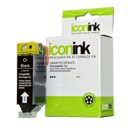 Icon Compatible Canon PGI520 Black Ink Cartridge, prints up to 350 pages, designed for vibrant quality in documents and photos.