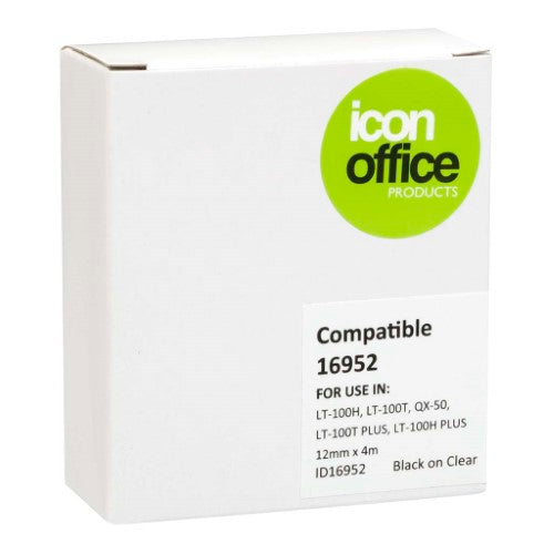 Black-on-clear Dymo LetraTag tape 16952, 12mm x 4m, ideal for organizing and labeling supplies with durable, crisp prints.