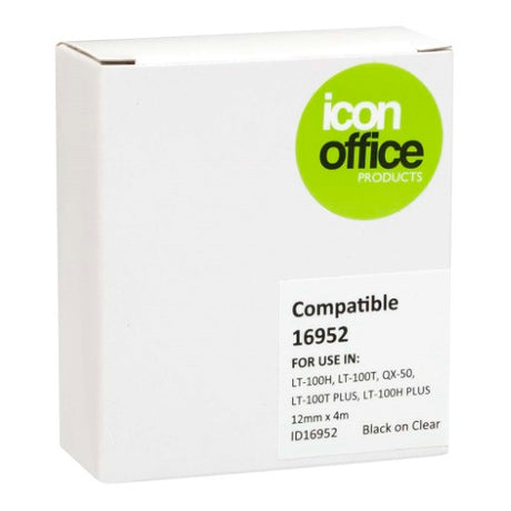 Black-on-clear Dymo LetraTag tape 16952, 12mm x 4m, ideal for organizing and labeling supplies with durable, crisp prints.