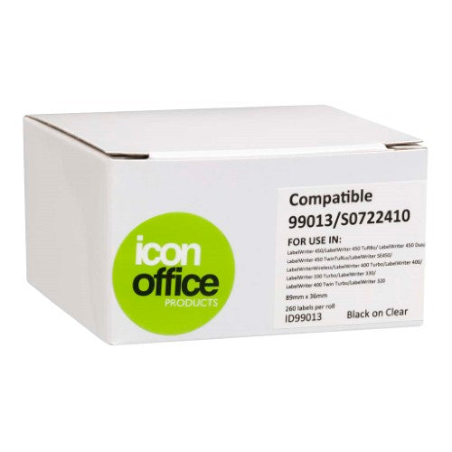 Clear Dymo LW shipping labels, 89x36mm, compatible with LabelWriter, 260 high-quality labels for easy printing.