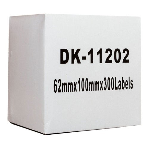 High-quality Icon compatible labels for Brother printers, 62x101mm, 300 pre-cut black on white labels per roll.