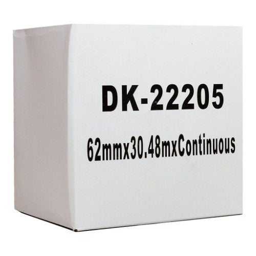 Self-adhesive Icon DK paper tape 62mmx30m black on white for Brother QL printers, perfect for labeling and organization.