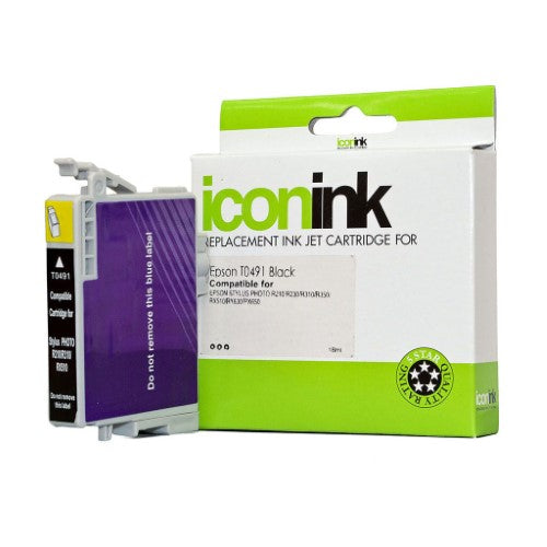 Icon Compatible Epson T0491 Black Ink Cartridge for crisp prints, yielding up to 450 pages, compatible with multiple Epson models.