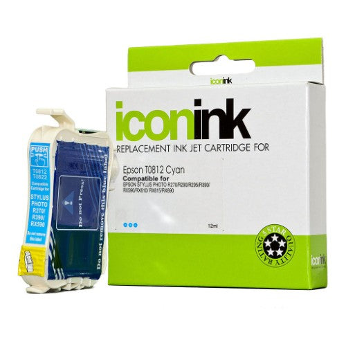 Cyan ink cartridge compatible with Epson printers, delivers vibrant colors and up to 480 pages of high-quality prints.