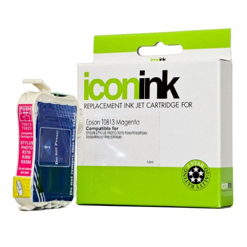 Epson Compatible T0813 Magenta ink cartridge for vibrant prints, yields up to 480 pages, fits various Epson Stylus printers.