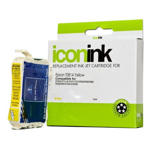 Epson Compatible T0814 Yellow Ink Cartridge for vibrant prints, yields 480 pages, compatible with various Epson printers.