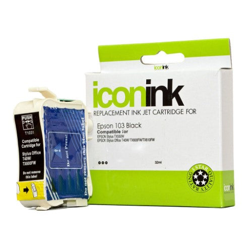Icon Compatible Epson 103 Black Ink Cartridge for vibrant prints, yields up to 1,035 pages, compatible with various Epson printers.