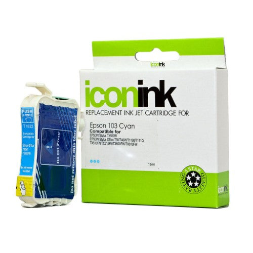 Icon Compatible Epson 103 Cyan Ink Cartridge for vibrant prints, yields 865 pages, compatible with various Epson inkjet printers.