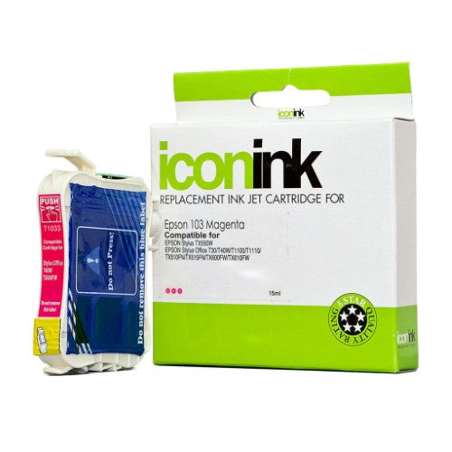 Icon Compatible Epson 103 Magenta Ink Cartridge for vibrant prints, yields up to 865 pages, compatible with various Epson printers.