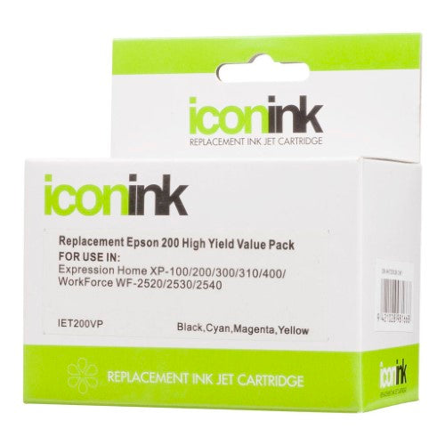 Icon Compatible Epson 200XL BCMY Ink Value Pack includes 4 cartridges for vibrant prints and easy replacement.