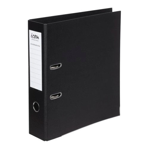 A4 black lever arch file with linen-look cover, 75mm spine, durable design, and advanced locking mechanism for secure storage.