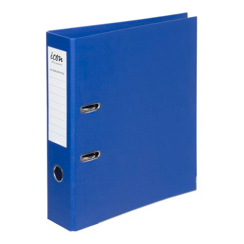 Royal Blue Icon Lever Arch File A4 with linen texture, 75mm spine, durable PVC, and secure locking mechanism.