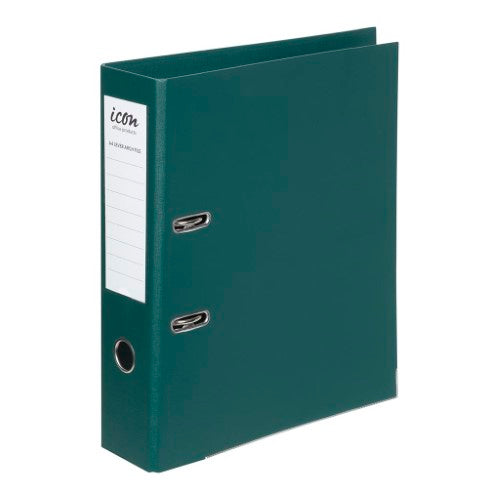 Forest Green A4 lever arch file with linen texture, 75mm spine, durable PVC, metal edge protectors, and labeling area.