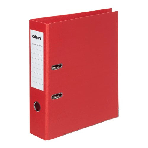 Red A4 lever arch file with linen-look cover, 75mm spine, large label area, and durable metal protectors for organization.