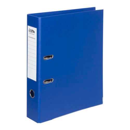 Royal Blue Icon Lever Arch File with durable linen-look cover, 75mm spine, removable label area, and metal protectors.