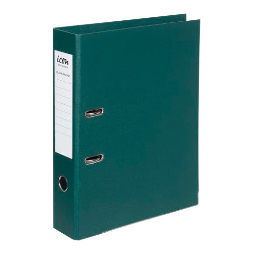 Forest Green Icon Lever Arch File with linen-look cover, 75mm spine, robust metal protectors, and removable labeling area.