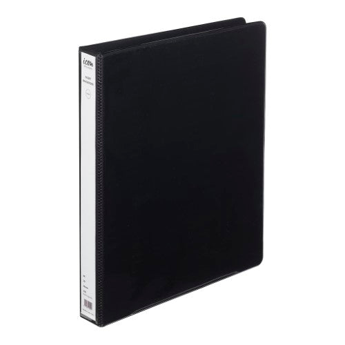 Icon Insert Binder A4 in black with 2D ring clip, 26mm spine, and customizable clear pockets for document organization.