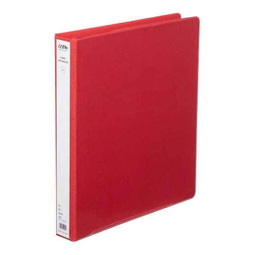 Vibrant red A4 binder with 2D ring clip, 26mm spine, and clear pockets for documents and personalization.