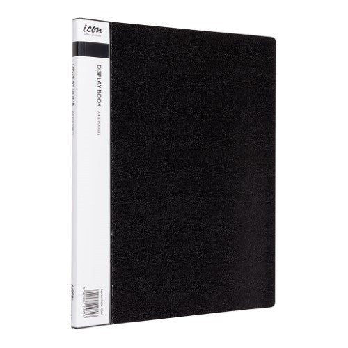 Black A4 display book with 10 pockets and insert spine for organizing documents efficiently.
