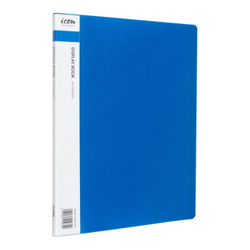 Blue A4 Icon Display Book with 10 pockets for 20 sheets, featuring a customizable insert spine and durable polypropylene cover.