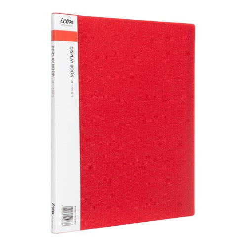 Icon Display Book A4 in red with 10 pockets for organizing and showcasing documents, featuring a customizable spine.