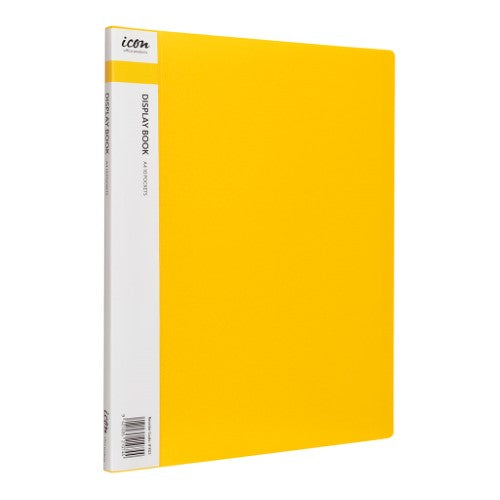 A4 yellow display book with 10 pockets, customizable spine, and clear polypropylene pages for organizing documents.