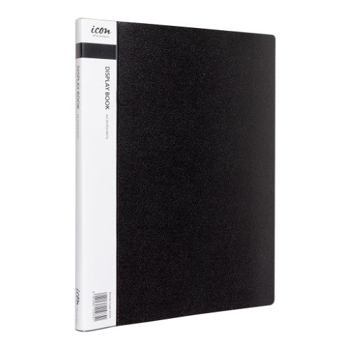 A4 display book with 20 clear pockets and a customizable spine, featuring a durable black cover for document organization.