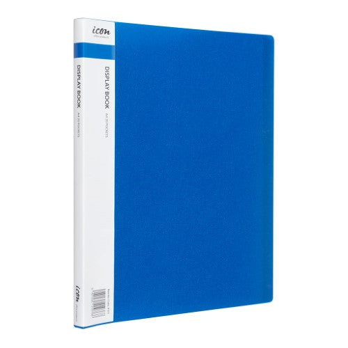 Blue A4 display book with 20 clear pockets and customizable insert spine for organizing documents elegantly.