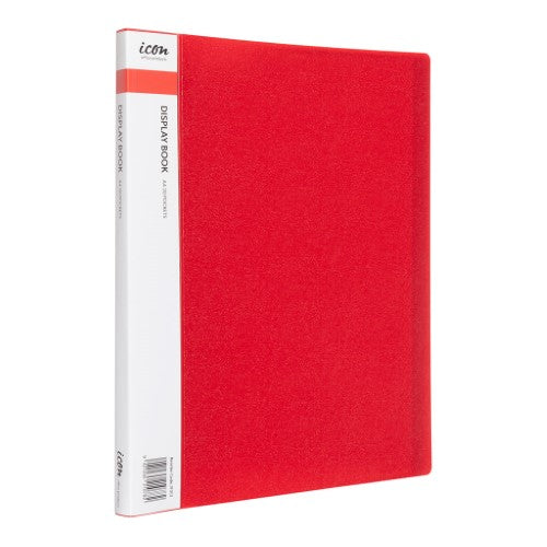 Red A4 display book with 20 durable pockets and customizable insert spine for organizing documents and presentations.