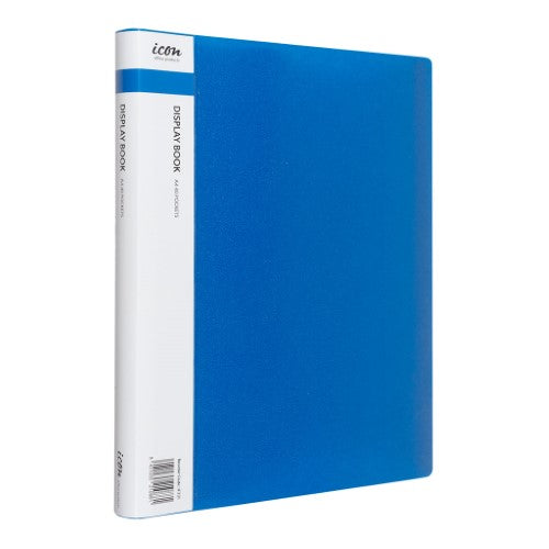 A4 blue display book with 40 clear pockets for organizing documents, featuring a customizable insert spine.