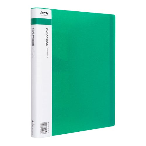 A4 green display book with 40 pockets, featuring a customizable insert spine for organizing documents stylishly.