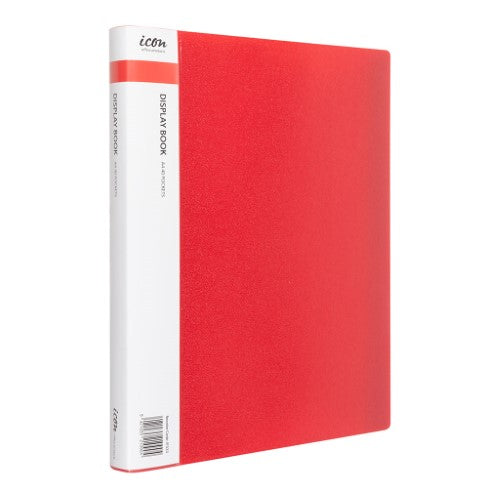 A vibrant red A4 display book featuring 40 clear pockets, ideal for organizing and showcasing important documents.