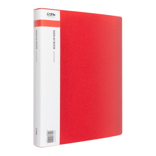 Red A4 display book with 60 clear pockets, durable cover, and customizable insert spine for organized document presentation.
