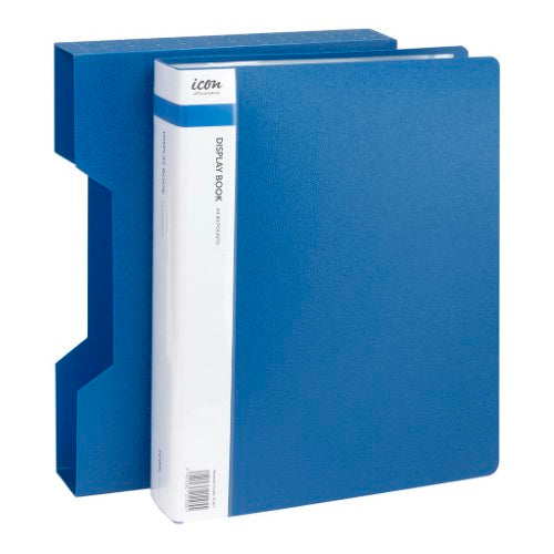 A4 display book in blue with 80 pockets, clear polypropylene pages, and personalized insert spine, includes sturdy carrying case.