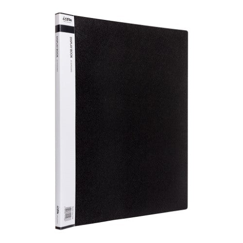 Black A3 display book with 20 pockets and customizable insert spine for organizing documents and reports.