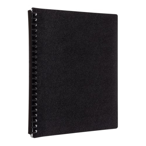 Black Icon Refillable Display Book with 20 pockets for organizing A4 documents, featuring a spiral spine for easy access.