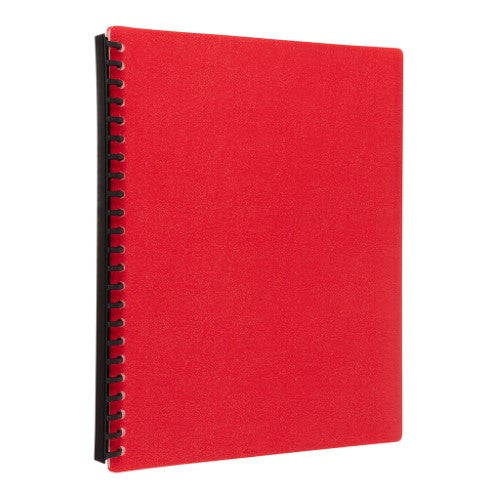 Red Icon Refillable Display Book with 20 pockets for A4 documents, featuring a customizable spiral spine and durable cover.