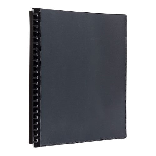 Black Icon Refillable Display Book with clear cover, 20 pockets for A4 documents, ideal for organization and presentations.